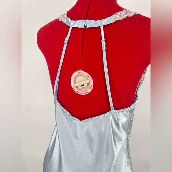 Icy Blue Lacey Satin Midi Length Slip Nightgown With Sheer Lace Panels - Picture 10 of 11